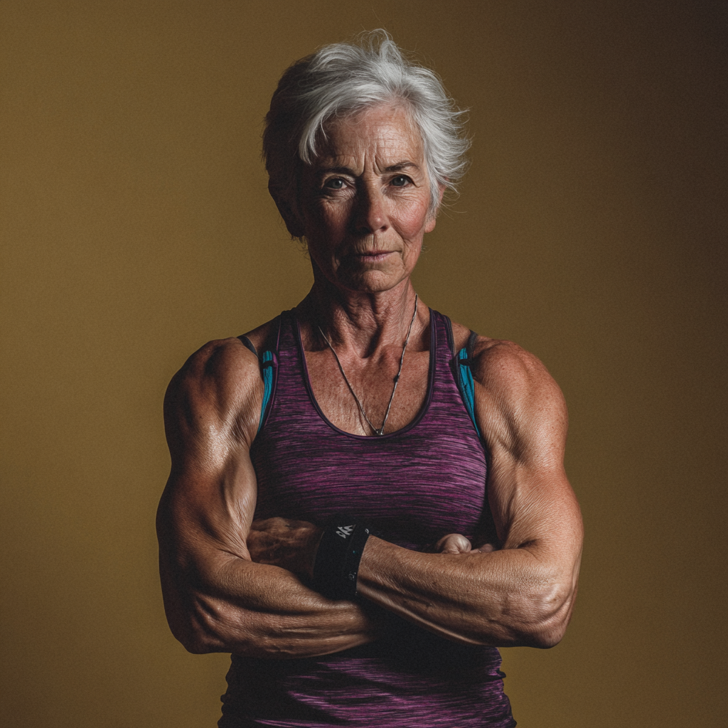 52 years olde woman in fitness attire showing strength and determination after training