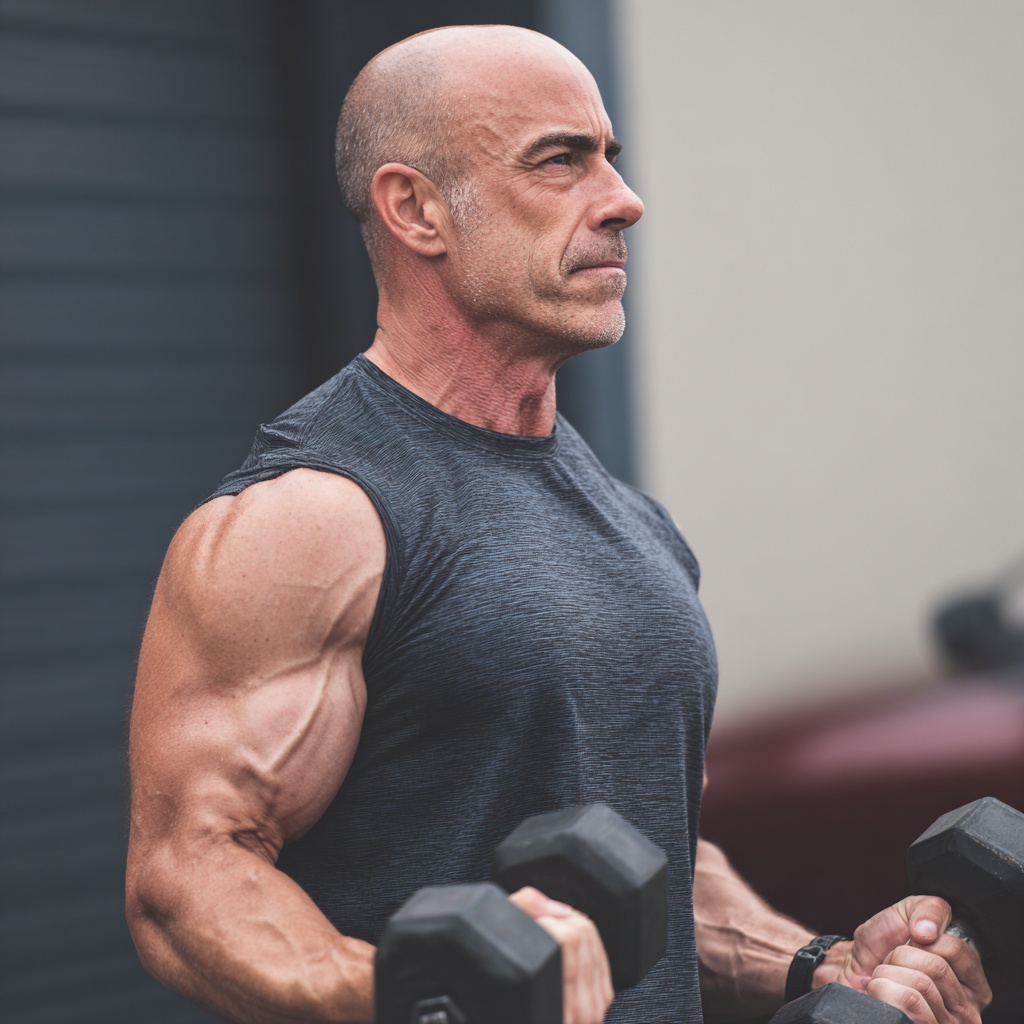 53 years old man demonstrating proper strength training form with confidence and focus